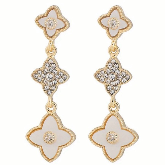 None Jewelry - Chic Gold and White Crystal Drop Earrings
